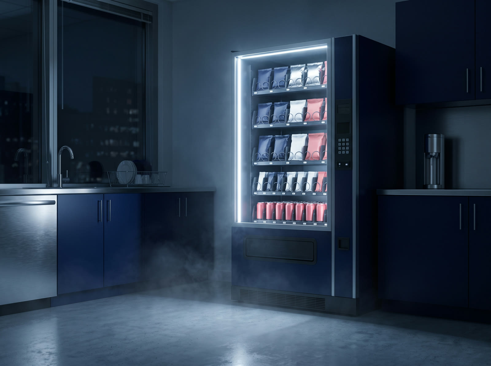 A navy snack and drink machine glowing in a break room at night